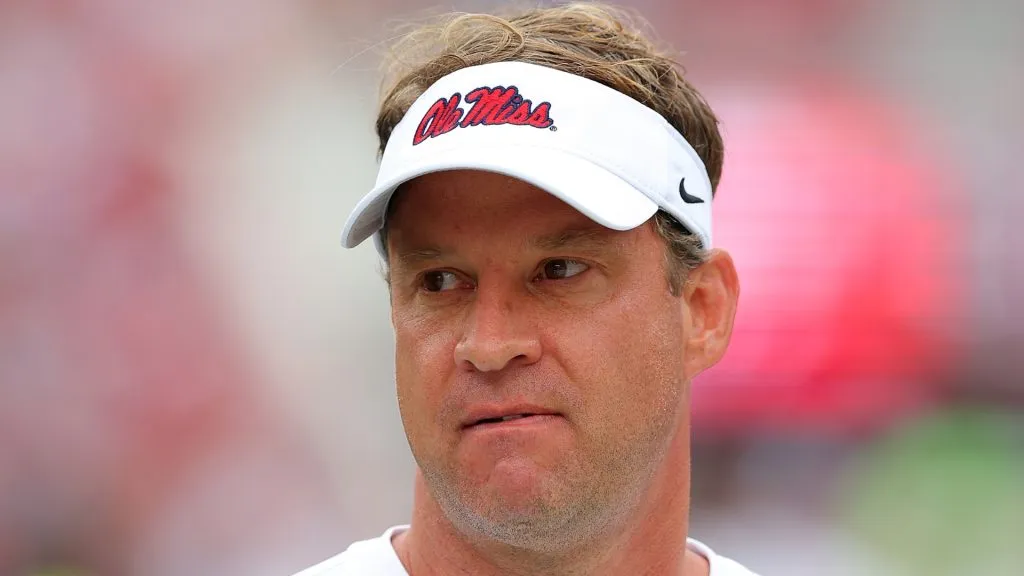 Head coach Lane Kiffin of the Mississippi Rebels looks on prior to facing the Alabama Crimson Tide at Bryant-Denny Stadium on October 02, 2021 in Tuscaloosa, Alabama.