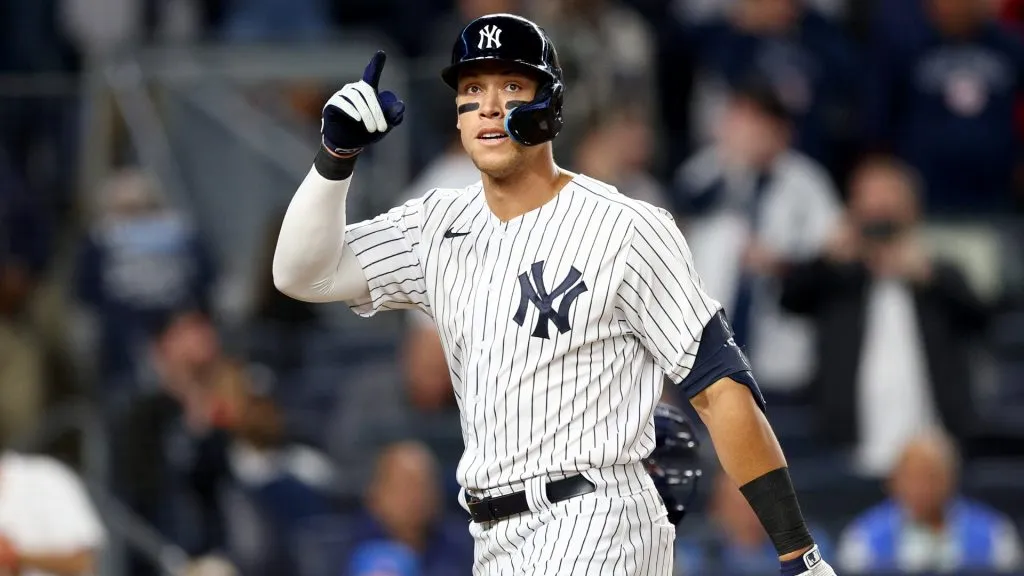 Aaron Judge #99 of the New York Yankees celebrates his solo home run in the fifth inning against the Cleveland Guardians at Yankee Stadium on April 22, 2022. (Source: Elsa/Getty Images)