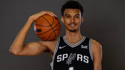 Victor Wembanyama #1 of the San Antonio Spurs poses for a portrait during the 2023 NBA rookie photo shoot at UNLV on July 12, 2023.