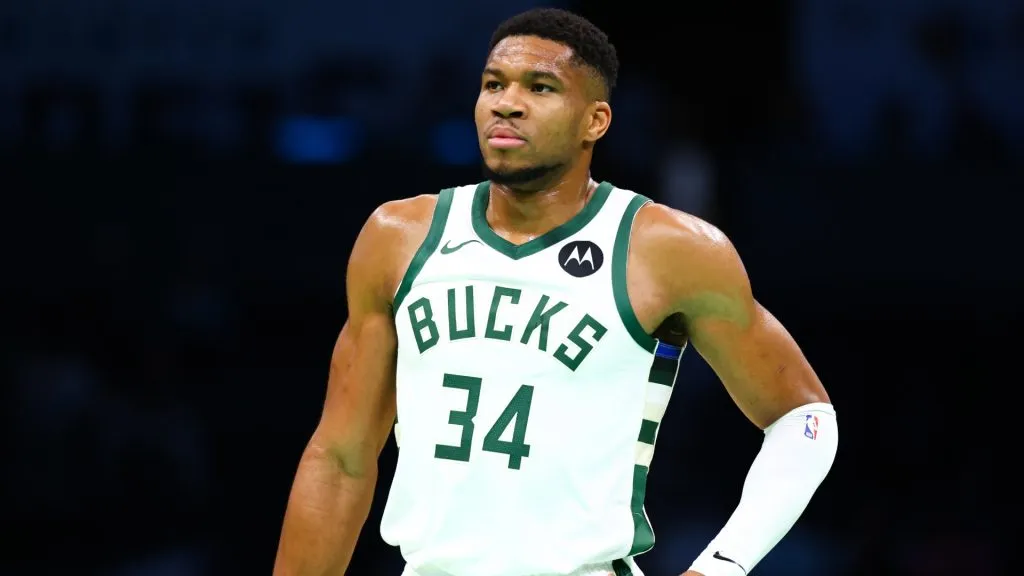 Giannis Antetokounmpo #34 of the Milwaukee Bucks looks on during the first half of a basketball game against the Charlotte Hornets at Spectrum Center on November 16, 2024. (Source: David Jensen/Getty Images)