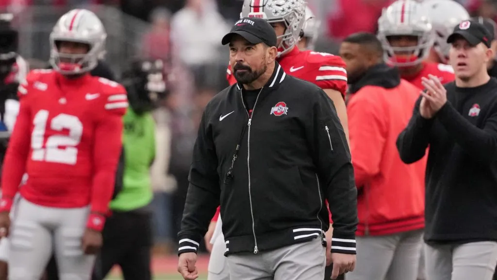 Head coach Ryan Day of the Ohio State Buckeyes looks on before the game against the Indiana Hoosiers at Ohio Stadium on November 23, 2024 in Columbus, Ohio.