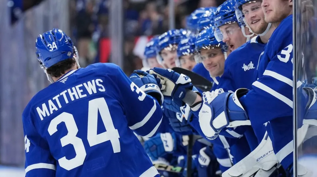 : Auston Matthews #34 of the Toronto Maple Leafs celebrates his second period goal against the Tampa Bay Lightning at Scotiabank Arena on October 21, 2024 in Toronto, Ontario, Canada. (Photo by Chris Tanouye/Getty Images)