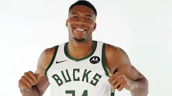Giannis Antetokounmpo #34 and his brother Thanasis Antetokounmpo #43 of the Milwaukee Bucks pose for portraits during media day on October 02, 2023.