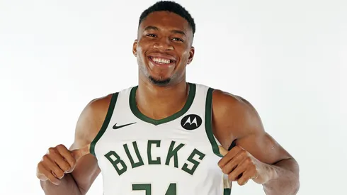Giannis Antetokounmpo #34 and his brother Thanasis Antetokounmpo #43 of the Milwaukee Bucks pose for portraits during media day on October 02, 2023.