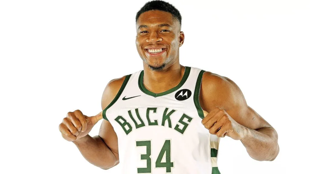 Giannis Antetokounmpo #34 of the Milwaukee Bucks poses for portraits during media day on October 02, 2023. (Source: Stacy Revere/Getty Images)