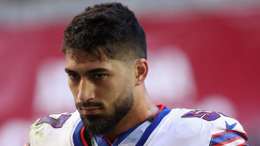 Defensive end A.J. Epenesa #57 of the Buffalo Bills leaves the game with an injury during the NFL game against the Arizona Cardinals at State Farm Stadium on November 15, 2020 in Glendale, Arizona. The Cardinals defeated the Bills 32-30.