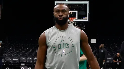 Jaylen Brown #7 of the Boston Celtics warms up before playing the Cleveland Cavaliers during the Emirates NBA Cup at TD Garden on November 19, 2024 in Boston, Massachusetts.