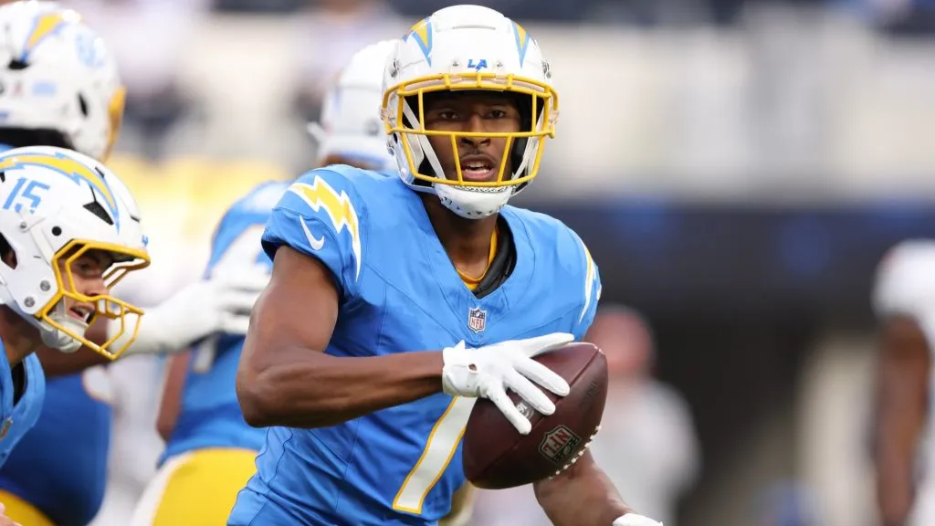 Quentin Johnston #1 of the Los Angeles Chargers reacts after an interception during a game against the Tennessee Titans at SoFi Stadium on November 10, 2024 in Inglewood, California. (Photo by Sean M. Haffey/Getty Images)