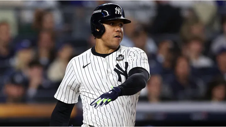 Juan Soto #22 of the New York Yankees hits a single during the fourth inning of Game Five of the 2024 World Series against the Los Angeles Dodgers at Yankee Stadium on October 30, 2024 in the Bronx borough of New York City.