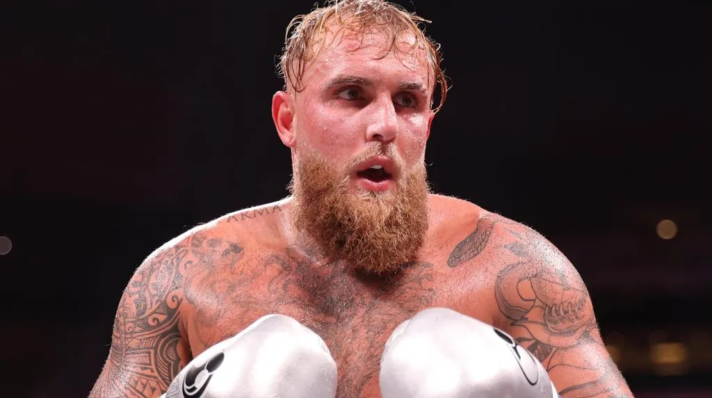 Jake Paul in action against Mike Tyson fight during LIVE On Netflix: Jake Paul vs. Mike Tyson at AT&T Stadium on November 15, 2024 in Arlington, Texas. (Photo by Al Bello/Getty Images for Netflix © 2024)