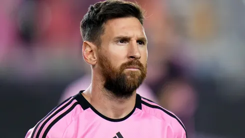 Lionel Messi #10 of Inter Miami looks on prior to the match against the Atlanta United during round one of the 2024 MLS Playoffs at Chase Stadium
