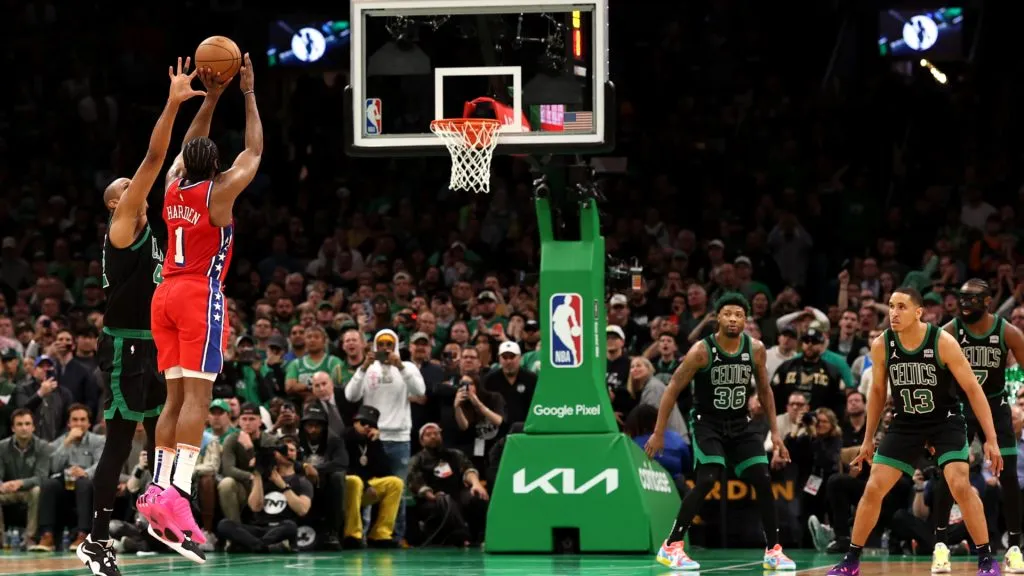 James Harden #1 of the Philadelphia 76ers hits the game winning three point shot past Al Horford #42 of the Boston Celtics during the fourth quarter for the 76ers to defeat the Celtics 119-115. (Maddie Meyer/Getty Images)