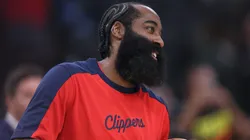James Harden #1 of the LA Clippers smiles before the game against the Golden State Warriors at Intuit Dome