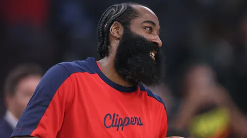 James Harden #1 of the LA Clippers smiles before the game against the Golden State Warriors at Intuit Dome