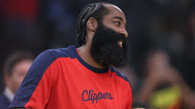 James Harden #1 of the LA Clippers smiles before the game against the Golden State Warriors at Intuit Dome