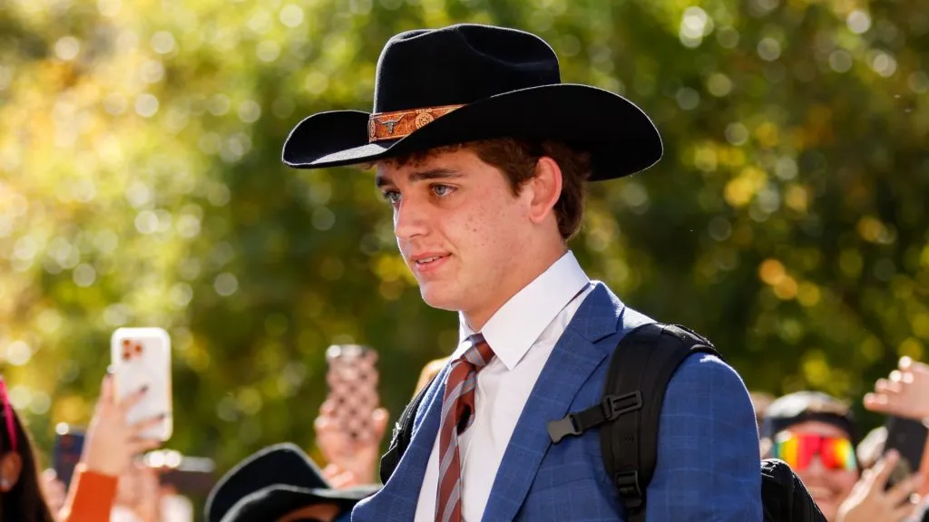 Arch Manning #16 of the Texas Longhorns arrives prior to the game against the Kentucky Wildcats at Darrell K Royal-Texas Memorial Stadium on November 23, 2024 in Austin, Texas.