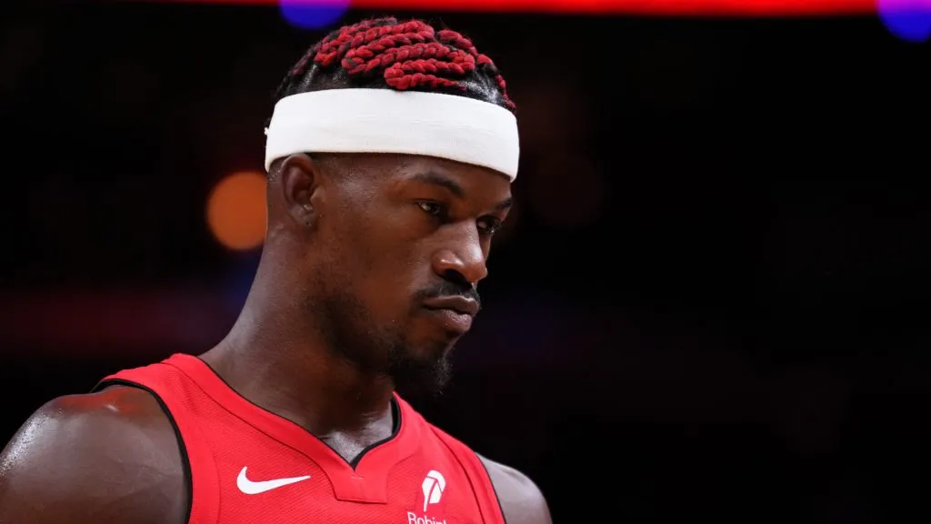 Jimmy Butler #22 of the Miami Heat looks on during the first quarter against the Miami Heat at Kaseya Center. (Rich Storry/Getty Images)