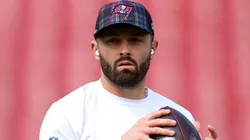 Baker Mayfield #6 of the Tampa Bay Buccaneers warms up prior to a game against the Philadelphia Eagles at Raymond James Stadium on September 29, 2024 in Tampa, Florida.