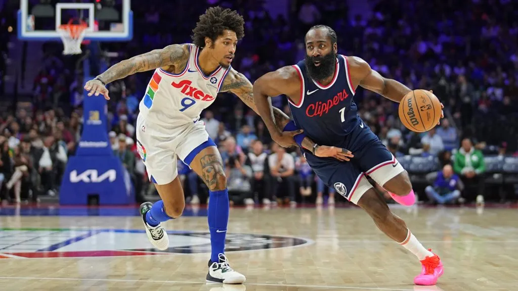 James Harden #1 of the LA Clippers drives to the basket against Kelly Oubre Jr. #9 of the Philadelphia 76ers in the first half at the Wells Fargo Center. (Mitchell Leff/Getty Images)