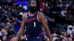 James Harden #1 of the LA Clippers walks back during a 102-99 Clippers win at Intuit Dome