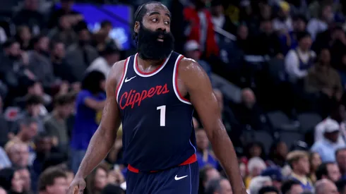 James Harden #1 of the LA Clippers walks back during a 102-99 Clippers win at Intuit Dome