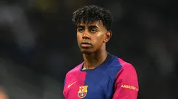 Lamine Yamal of FC Barcelona looks on during the La Liga EA Sports match between FC Barcelona and RCD Espanyol.