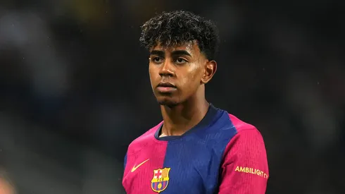 Lamine Yamal of FC Barcelona looks on during the La Liga EA Sports match between FC Barcelona and RCD Espanyol.
