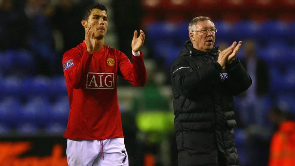Sir Alex Ferguson the manager of Manchester United and Cristiano Ronaldo celebrate after the Barclays Premier League match between Wigan Athletic and Manchester United. (Alex Livesey/Getty Images)