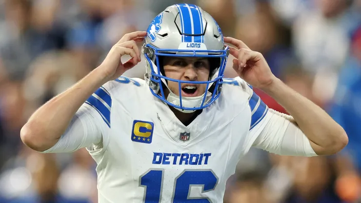 Jared Goff #16 of the Detroit Lions looks on during the second quarter against the Indianapolis Colts at Lucas Oil Stadium on November 24, 2024 in Indianapolis, Indiana.