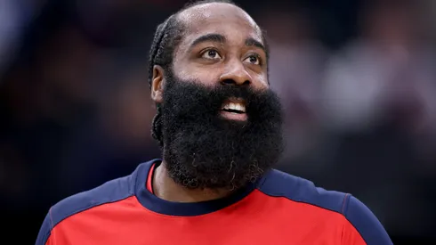 James Harden #1 of the LA Clippers smiles before the game against the Golden State Warriors at Intuit Dome on November 18, 2024 in Inglewood, California.