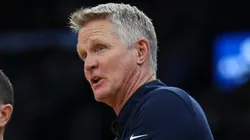 Head coach of the Golden State Warriors Steve Kerr talks to the referee during the first quarter against the Boston Celtics at TD Garden.