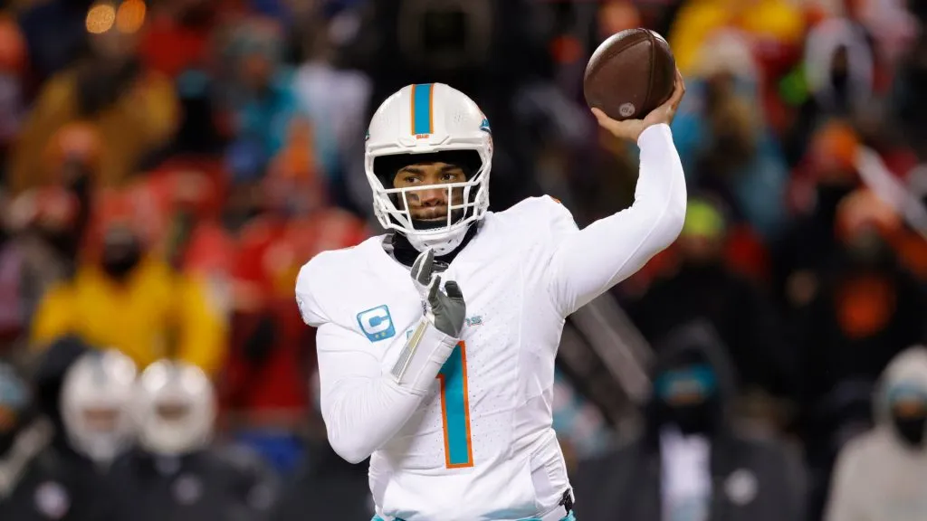 Tua Tagovailoa #1 of the Miami Dolphins throws a pass during the first half against the Kansas City Chiefs in the AFC Wild Card Playoffs at GEHA Field at Arrowhead Stadium on January 13, 2024 in Kansas City, Missouri.