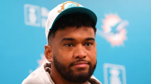 Quarterback Tua Tagovailoa of the Miami Dolphins addresses the media at Baptist Health Training Complex on October 21, 2024 in Miami Gardens, Florida.