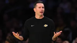 Head coach JJ Redick of the Los Angeles Lakers reacts while playing the Utah Jazz during the first quarter of the Emirates NBA Cup at Crypto.com Arena