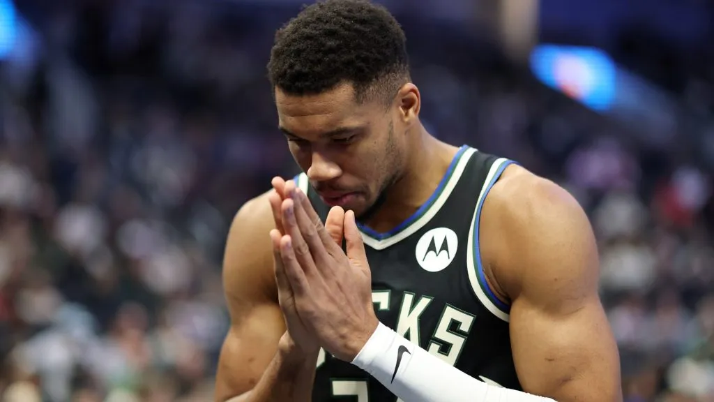 Giannis Antetokounmpo #34 of the Milwaukee Bucks takes the court for a game against the Indiana Pacers in the NBA Emirates Cup at Fiserv Forum. (Stacy Revere/Getty Images)