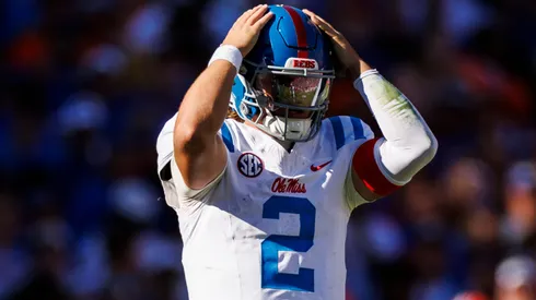 Jaxson Dart #2 of the Mississippi Rebels reacts during the second half of a game against the Florida Gators at Ben Hill Griffin Stadium on November 23, 2024 in Gainesville, Florida.