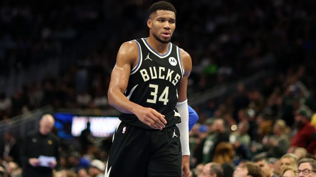 Giannis Antetokounmpo #34 of the Milwaukee Bucks walks to the bench during a game against the Indiana Pacers in the NBA Emirates Cup at Fiserv Forum. (Stacy Revere/Getty Images)