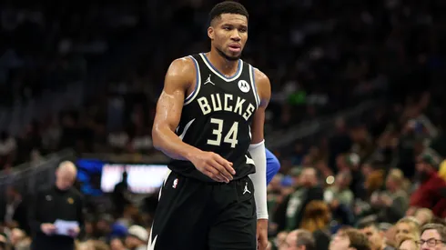 Giannis Antetokounmpo #34 of the Milwaukee Bucks walks to the bench during a game against the Indiana Pacers in the NBA Emirates Cup at Fiserv Forum