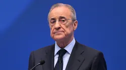 Florentino Perez Rodriguez, President of Real Madrid speaks as Real Madrid new signing, Kylian Mbappe is unveiled at Estadio Santiago Bernabeu