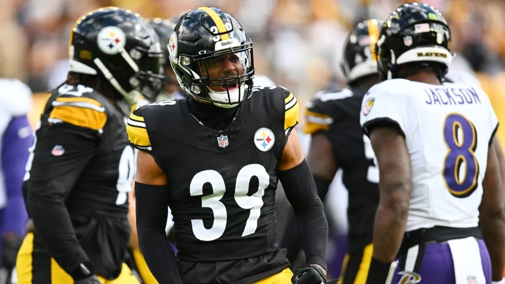 Minkah Fitzpatrick #39 of the Pittsburgh Steelers celebrates after a play during the first quarter against the Baltimore Ravens at Acrisure Stadium on October 08, 2023 in Pittsburgh, Pennsylvania.