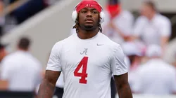 Jalen Milroe #4 of the Alabama Crimson Tide warms up before the game against the Georgia Bulldogs at Bryant-Denny Stadium on September 28, 2024 in Tuscaloosa, Alabama.