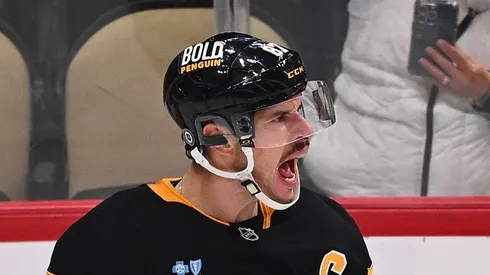 Sidney Crosby #87 of the Pittsburgh Penguins reacts after scoring his 600th career goal in the second period during the game at PPG PAINTS Arena on November 23, 2024 in Pittsburgh, Pennsylvania.