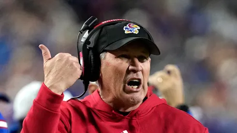 Head coach Lance Leipold of the Kansas Jayhawks directs his team in the second half against the Colorado Buffaloes at Arrowhead Stadium on November 23, 2024 in Kansas City, Missouri.