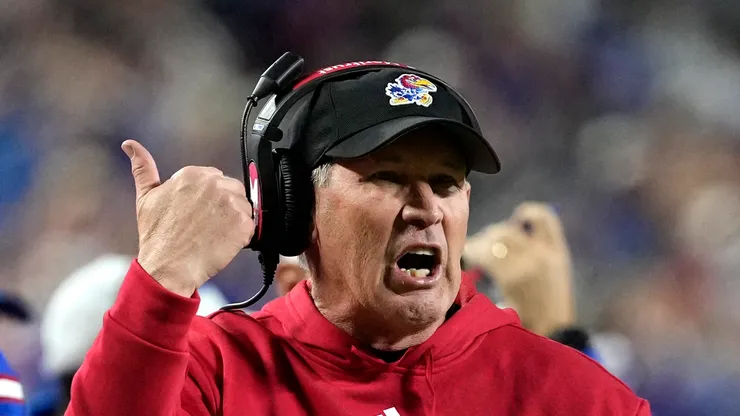 Head coach Lance Leipold of the Kansas Jayhawks directs his team in the second half against the Colorado Buffaloes at Arrowhead Stadium on November 23, 2024 in Kansas City, Missouri.
