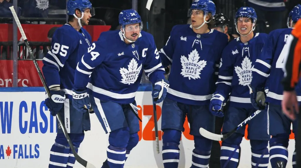 Auston Matthews #34 of the Toronto Maple Leafs celebrates a goal against the New York Rangers during the 3rd period in an NHL game at Scotiabank Arena on October 19, 2024 in Toronto, Ontario, Canada. The Rangers defeated the Maple Leafs 4-1. (Photo by Claus Andersen/Getty Images)