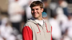 Will Howard #18 of the Ohio State Buckeyes reacts prior to a game against the Penn State Nittany Lions at Beaver Stadium on November 02, 2024 in State College, Pennsylvania.