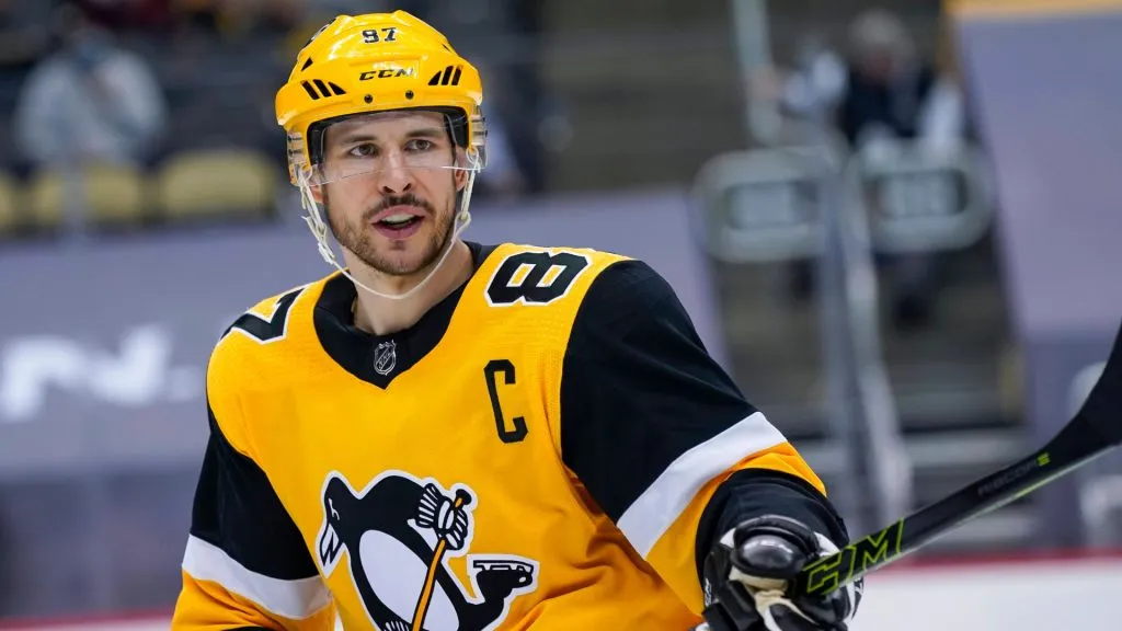 Pittsburgh Penguins center Sidney Crosby looks on during the second period in Game Five of the First Round in the 2021 NHL Stanley Cup Playoffs between the New York Islanders on May 24, 2021. (Source: IMAGO / Icon Sportswire)