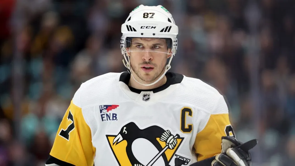 Sidney Crosby #87 of the Pittsburgh Penguins looks on during the first period Kraken at Climate Pledge Arena on February 29, 2024. (Source: Steph Chambers/Getty Images)