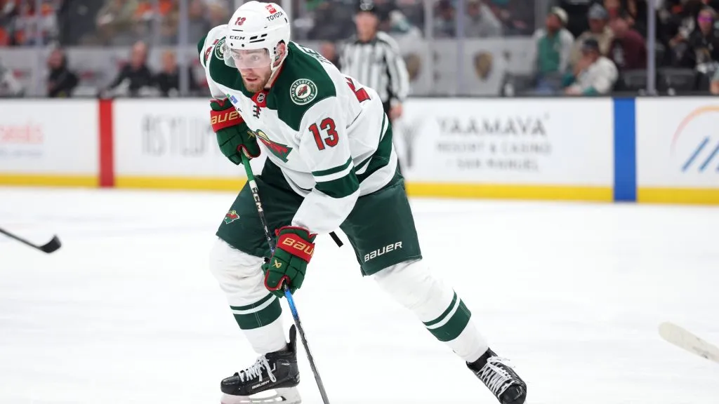 Yakov Trenin #13 of the Minnesota Wild looks on during the first period of a game against the Anaheim Ducks at Honda Center on November 08, 2024. (Source: Sean M. Haffey/Getty Images)