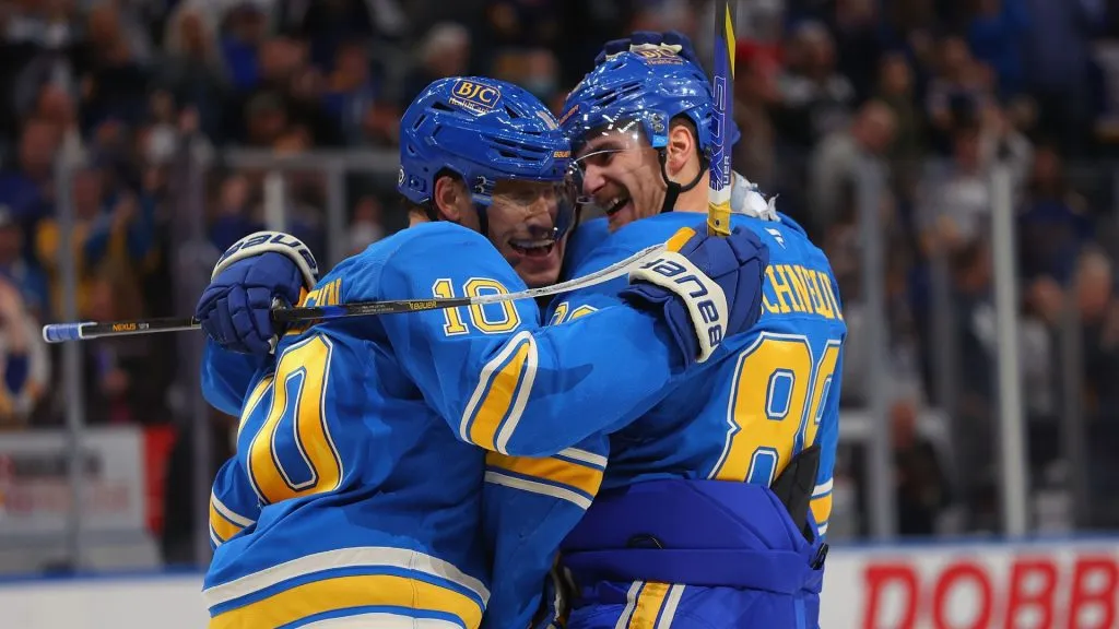 Pavel Buchnevich #89 of the St. Louis Blues celebrates with Brayden Schenn #10 of the St. Louis Blues after scoring an empty-net goal against the Toronto Maple Leafs in the third period in 2024. (Source: Dilip Vishwanat/Getty Images)